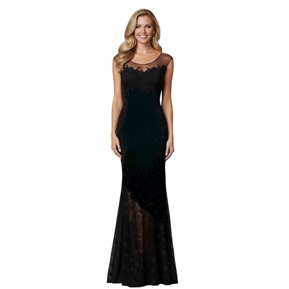 Sheer Illusion Lace Evening Gown Black Beaded Maxi 8 Formal Prom Black Tie